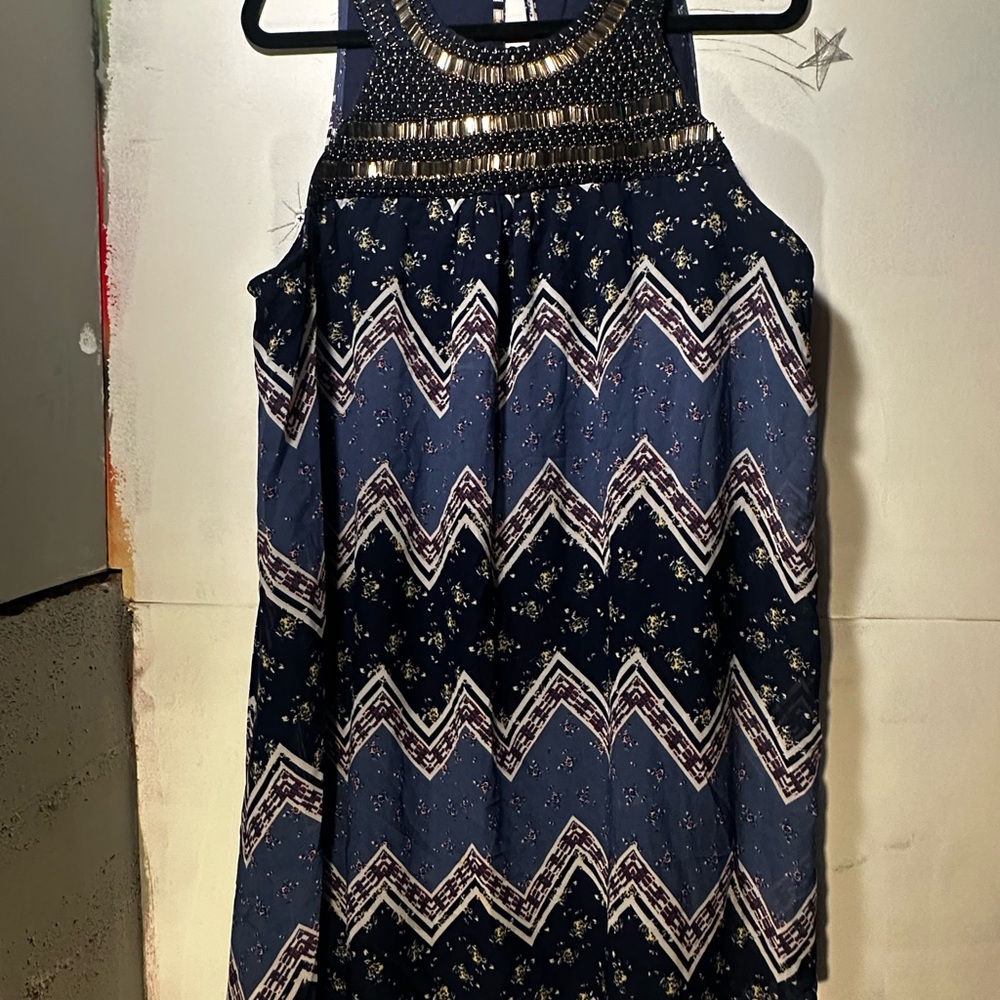 Xhilaration Navy and Gold Embellished Dress with a Chevron pattern